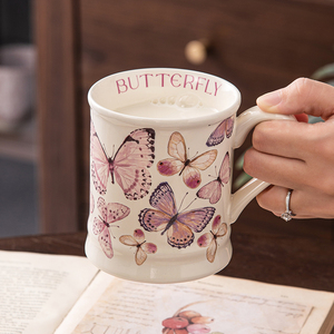 Tasses à café en céramique de luxe, motif floral et papillon, style romance française, 380 ml (12 oz), pour boissons froides, ensemble cadeau pour couple, tasses peintes à la main - Product Image 6