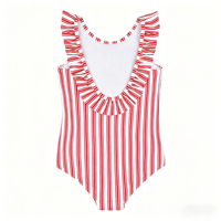 Traje de Baño de Una Pieza para Niñas Pequeñas, Rojo y Blanco a Rayas, Espalda Descubierta, con Volantes, UPF 50+