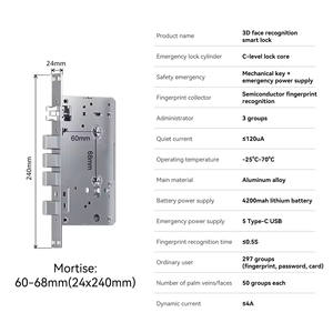 Serrure de porte en verre intelligente à reconnaissance faciale 3D et empreintes digitales, contrôlée par l'application Tuya, avec accès par <span class=keywords><strong>carte</strong></span>/clé - Product Image 5
