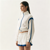 Ensemble de survêtement zippé color block blanc et bleu pour femme, col montant, manches longues, tenue de sport deux pièces, mode été