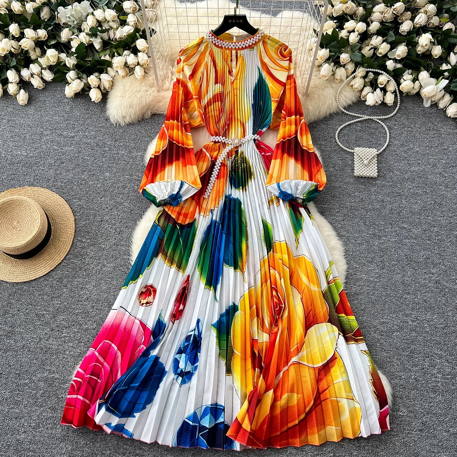 strapless open back dress Elegant Pleated Chiffon Dress with Artistic Print main image 1