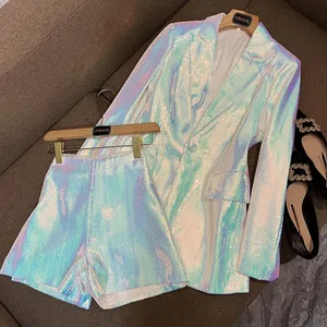 Brand New Shining Sequins Cloth For Women Long Sleeve Single Button Casual Shorts Suit Lady Fashion 2Pcs