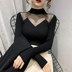 批发女式半高领毛衣新款韩版休闲风格秋冬雕刻蕾丝网眼镂空针织打底衫 - Product Image 1
