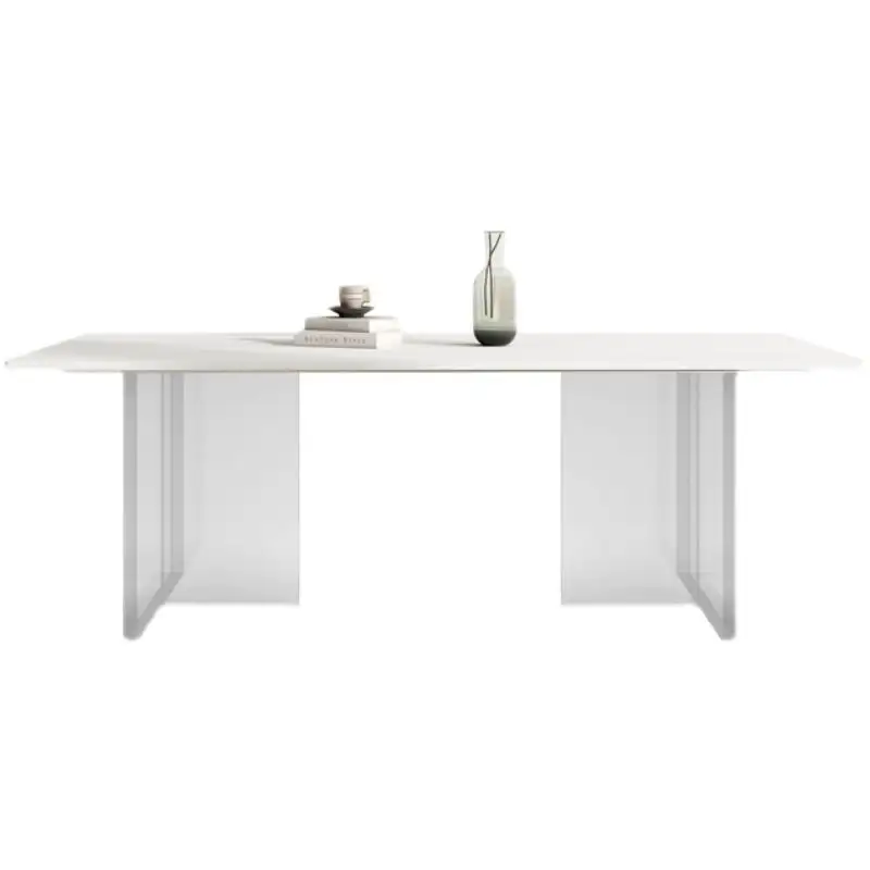 Design nordico minimalista chiaro acrilico gambe moderno rettangolare pietra ardesia sinterizzato in marmo sinterizzato tavolo da pranzo
