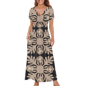 Robe tunique de Bohème de grande taille polynésienne pour femmes, imprimé hawaïen de style géométrique vintage, col en V, coupe ajustée - Product Image 2