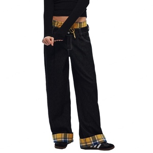 Jean à carreaux personnalisé pour homme, double ceinture, design patchwork, délavé, coupe droite ample et tendance, été - Product Image 2