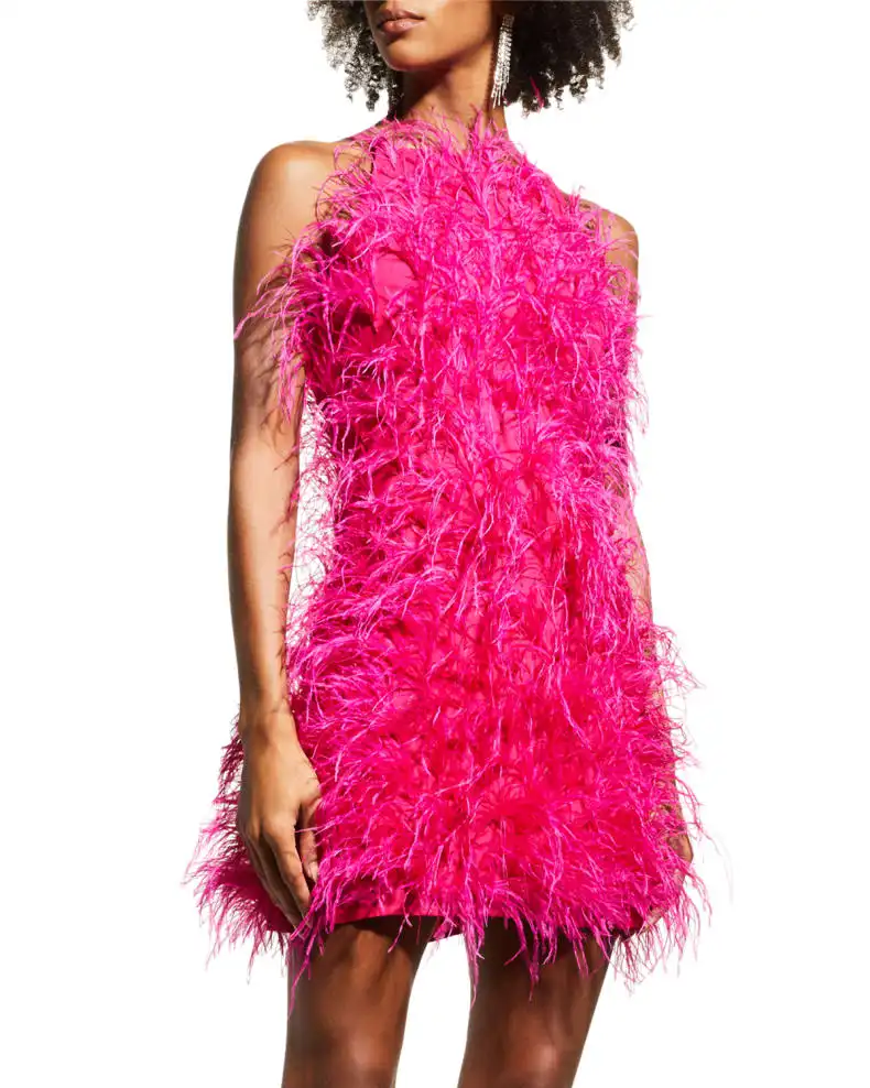 High Quality Summer Club Stand Collar sleeveless Bodycon Feather Fur Dress Women Party Sexy Wrap Pink mini dress