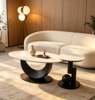 Ensemble de tables basses ovales avec plateau en pierre frittée et base en métal noir artistique, décoration moderne, table à thé et table d'appoint pour salon et maison