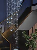 Lustre d'escalier moderne de luxe en forme de papillon, en cristal et acier inoxydable, avec LED, longue suspension, pour salon, à intensité variable