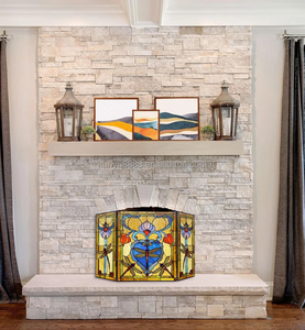 Stained Glass Fireplace <b>Screen</b> 3 Panels Floral Design Traditional Decor Blue Color Rectangle Shape Artistic Decoration 110*70CM - Product Image 2