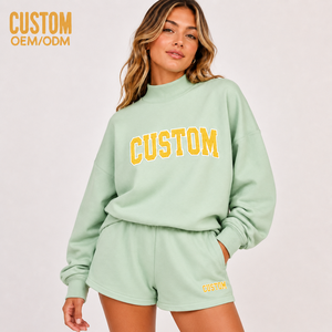 Custom Women's Towel Print <b>Embroidery</b> Hooded Regular Fit Sweatshirt Cotton Shorts Fleece Casual Breathable Loungewear 2pcs <b>Set</b> - Product Image 5