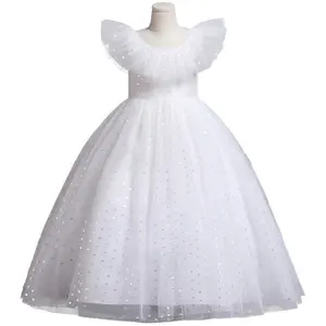 Сетчатое платье принцессы для девочек с накидкой в горошек однотонное длинное кружевное платье с цветочным принтом для девочек с летающими рукавами 2205