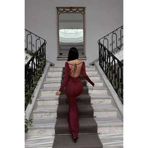 Robe de soirée longue bordeaux coupe trapèze avec détail transparent sur le devant, ornée de perles, de fleurs et de plumes, idéale pour les soirées formelles - Product Image 4