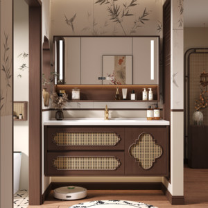 Meuble de salle de bain intelligent moderne et innovant en bois massif avec lavabo intégré en céramique peinte - Product Image 4