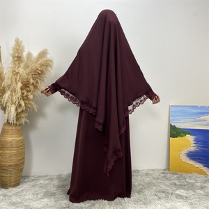 6693+2306# Eid Simple but Luxurious Closed Abaya Khimar <b>Set</b> With Premium Lace Ribbon Long Sleeve Summer Women Dress <b>Sets</b> 6 Color - Product Image 5