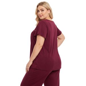 <b>Womens</b> 2 Piece Cotton Pajamas Set Short Sleeve Embroidered <b>Top</b> Long Pants <b>Burgundy</b> Sleepwear - Product Image 4