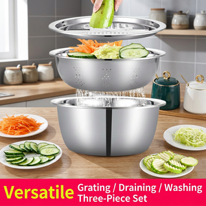 3-in-1 Stainless Steel Grater Bowl Set, 24/26/28/30cm Multifunctional Colander with Shredder Slicer for Commercial Kitchen Home - Product Image 2