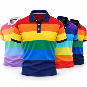 เสื้อโปโลลายทางสีรุ้ง แขนสั้น ผู้ชาย ผ้าปิเก้คอตตอน ลายทางแนวนอน รับสกรีนโลโก้ เสื้อลำลอง ชุดกอล์ฟ ชุดทีมฤดูร้อน - Product Image 1