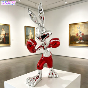 Scultura di Coniglio Pugile Dipinta a Mano e Galvanizzata, Animale Creativo in Stile Cartone Animato per Gallerie, Soggiorni e Decorazioni Domestiche, Artigianato in Resina - Product Image 2