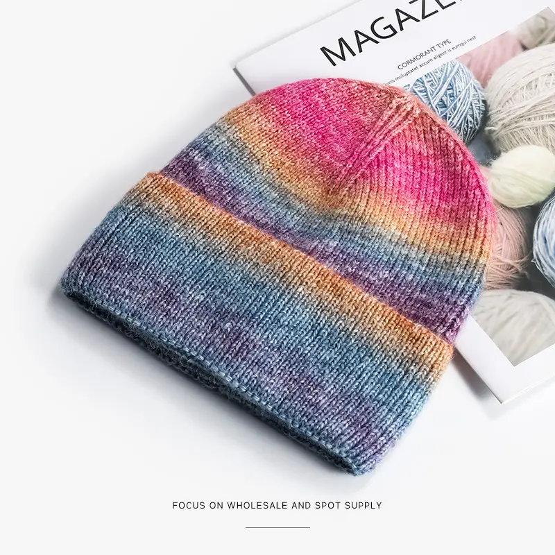 Winter knitted beanies thick fleece lining hats Graphic Stripe Beanie Hats tie-dye knit acrylic material fashion rainbow beanies