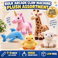 Peluche douce de 8 pouces pour machine à griffes, assortiment Licorne Dauphin Girafe, prix pour machine d'arcade de centre commercial, stock direct