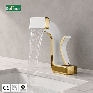 Robinet de lavabo cascade bicolore blanc et or, monocommande, monotrou, à poser sur le comptoir, moderne - Product Image 1