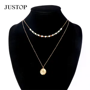 Handmade Women Stainless Steel Layered Crystal Gold Plating Red Aventurine Agate Beads Pendant Necklace