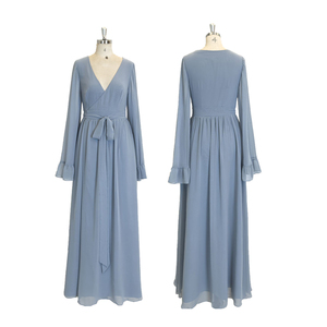 Dusty Blue Dress Long - Elegant V-Neck Maxi Gown
