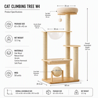 Arbre à chat en bois de chêne W4 132cm, tour à chat multi-niveaux avec boule de sisal rotative, hamac en toile, gamelle en acrylique, nid en peluche et sisal pour chats