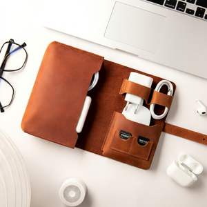 Genuine Leather Cable Organizer Travel Cord Holder Case Earphone Wire Management <b>Desk</b> Tidy Keeper Roll OEM LCO-0001 - Product Image 1