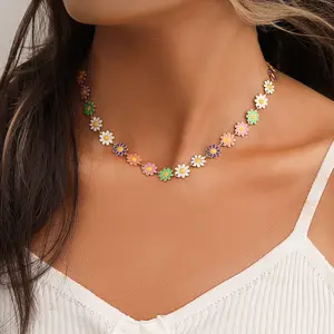 Hot Trend Gold Chain Choker Necklace Colorful Dripping Oil Daisy Flower Delicate Clavicle Chain Necklace