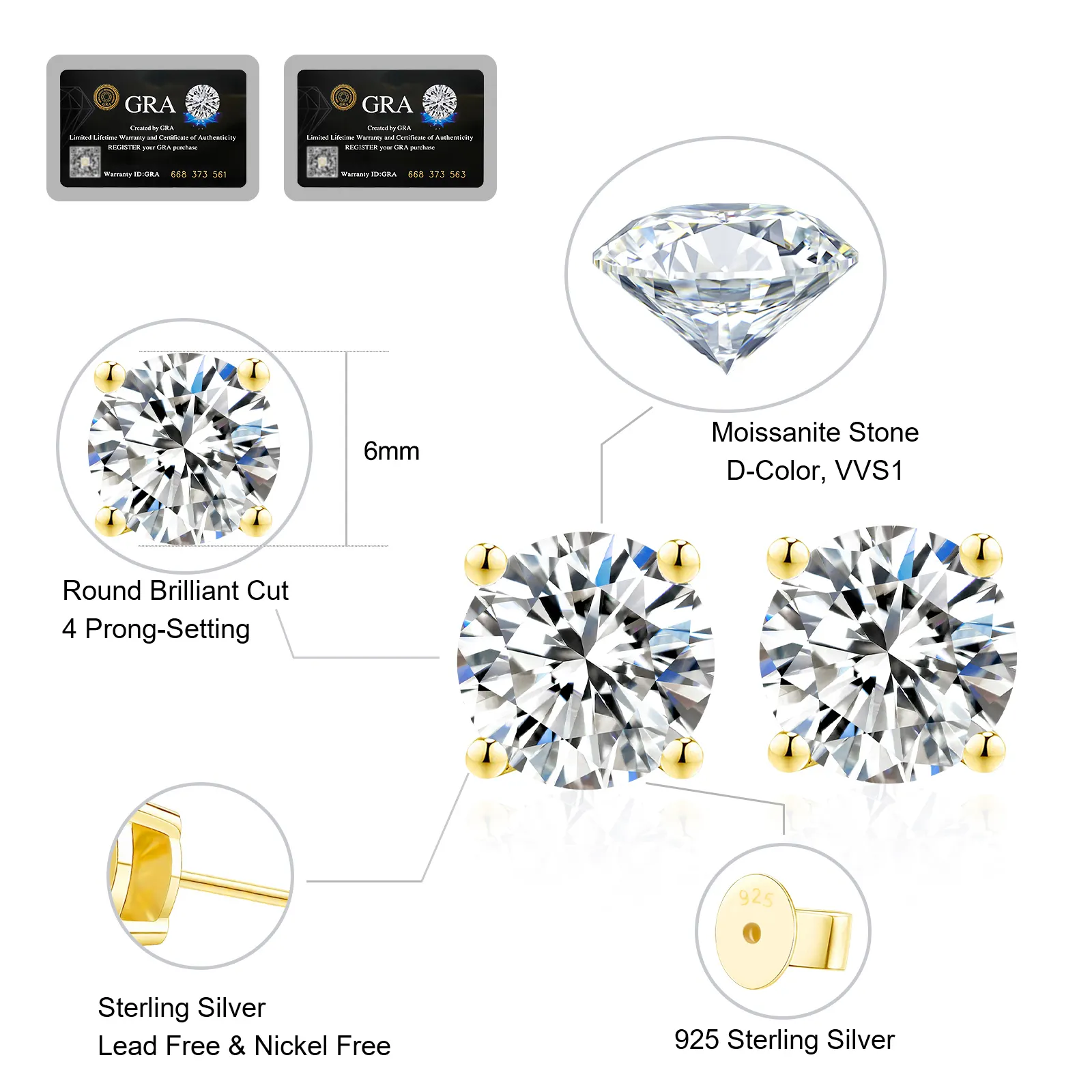 KRKC Wholesale VVS1 0.5ct 0.6ct 0.8ct 1.0ct925スターリングシルバーダイヤモンドメンズイヤリングモアッサナイトウェディングスタッドピアス花嫁用