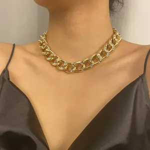 SHIXINH Schwere Curb Chunky Halsketten Zirkon Halsreif Strass/Kristall Gold Cuban Link Kette Aussage Halskette für Frauen Schmuck
