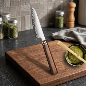 Cuchillo de Cocina Artesanal Vintage con Hoja de Acero al Carbono, Acabado Pulido, Patrón Ondulado Grabado, Mango de Madera y Funda de Cuero - Product Image 4