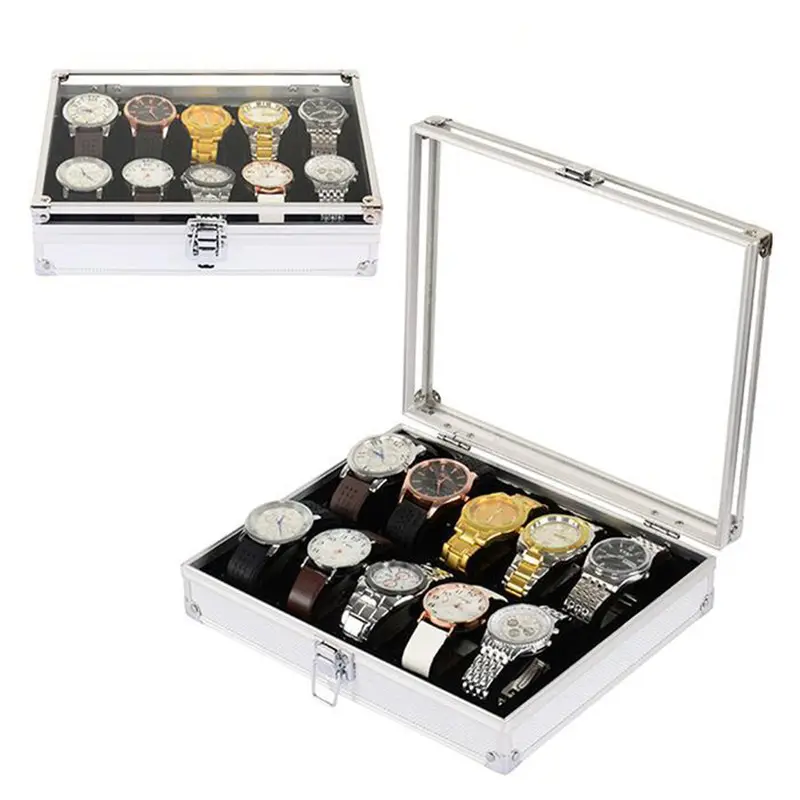 10 Grid Slots Useful Jewelry Wrist Watches Holder Display Storage Box Aluminium Luxury Square Case Watch Holder Box Organizer