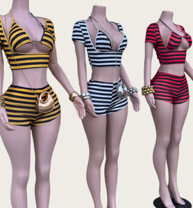 Viviblook J26ST161 Ensemble de shorts d'été pour femmes, sexy, nouveau, imprimé rayé, soutien-gorge à lacets, haut à manches courtes, ensemble trois pièces - Product Image 1