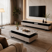 Ensemble table basse et meuble TV en marbre beige crème moderne, structure en bois massif, écologique, durable, robuste, plateau surdimensionné, finition personnalisée 1