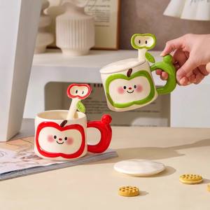Cute Apple <b>Ceramic</b> <b>Mug</b> With <b>Lid</b> And Spoon Cartoon Design For Gift Spring 2025 - Product Image 3