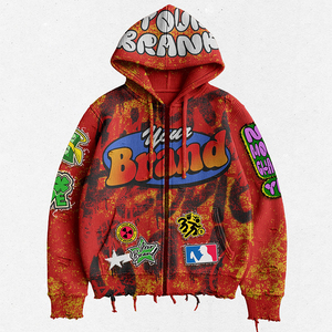 Sweat à capuche zippé en tissu gaufré avec impression personnalisée et broderie, streetwear, tie-dye numérique, sweat à capuche surdimensionné pour homme, sweat en molleton français - Product Image 1