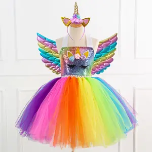 2022 New Rainbow Sequins Girl's Dress European and American Princess Dress Cartoon One horn Pomfret Dress Gives Wings Headwear