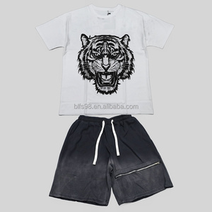 Factory Custom Men's Tiger Print T-Shirt and Shorts <b>Set</b> Casual Summer Athletic Wear Breathable Cotton <b>Knitted</b> Sport Outfit - Product Image 1
