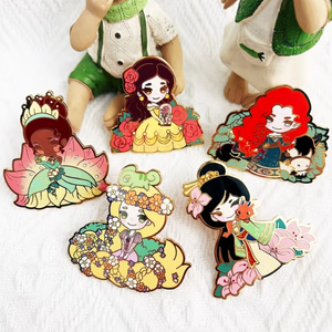 Wholesale Cheap Price Custom Cute Fairy Cartoon Gold Plating Metal Hard Enamel Glitter Silk Screen Print Lapel Pins for Gifts