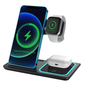 3-in-1 Quick Charger Cell Phone Holder Portable with LED Ambient Light Foldable Wireless Charger