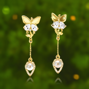 Orecchini Pendenti a Farfalla Placcati Oro con Cristalli, Strass e Perle, Gioielli da Festa per Donne, Stile Romantico - Product Image 2