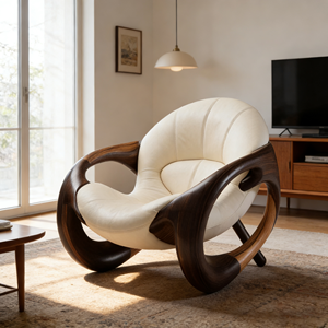 Fauteuil d'appoint incurvé de luxe <span class=keywords><strong>moderne</strong></span> - Revêtement en cuir de qualité supérieure avec structure en bois de noyer massif - Product Image 1