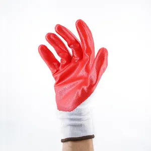 Оптовая Продажа с фабрики 13 г белый полиэстер красный Нитриловый покрытие отделка безопасные нитриловые рабочие перчатки