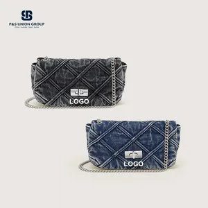 PA0743 Mock Croc Quilted Embroidered Mini Bolso Women Fashion Message Bag Denim Crossbody Flap Bag