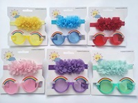 Bando rambut bayi perempuan, setelan pita rambut dengan kacamata bentuk bunga pita dengan mata piknik kacamata hitam UV400