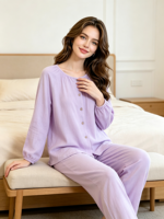 Ensemble de pyjama de luxe respirant en fibre de bambou pour femme, col rond, cardigan fin à manches longues pour les pièces climatisées, printemps/automne