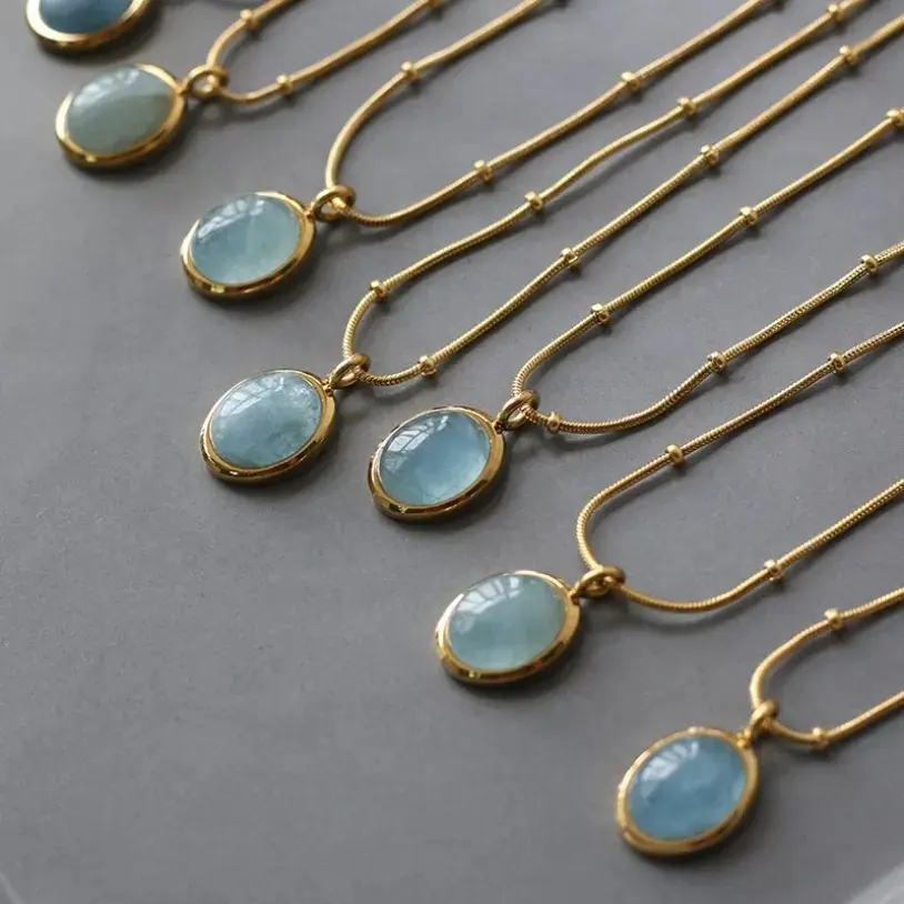 Thời Trang Mới Đồ Trang Sức Mỹ Hình Bầu Dục Biển Xanh Opal Necklace Beaded Charms Dainty Choker Dây Chuyền Mặt Dây Cho Phụ Nữ